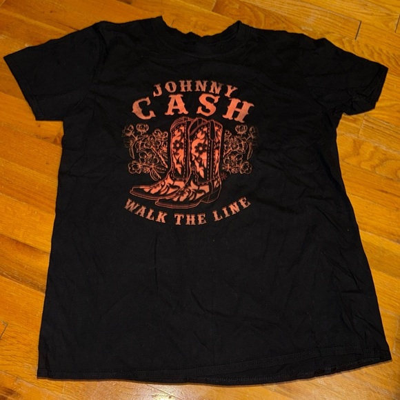 JOHNNY CASH ‘Walk The Line’ Cowboy Boots Graphic Black T-Shirt Size LG Unisex - Picture 1 of 3